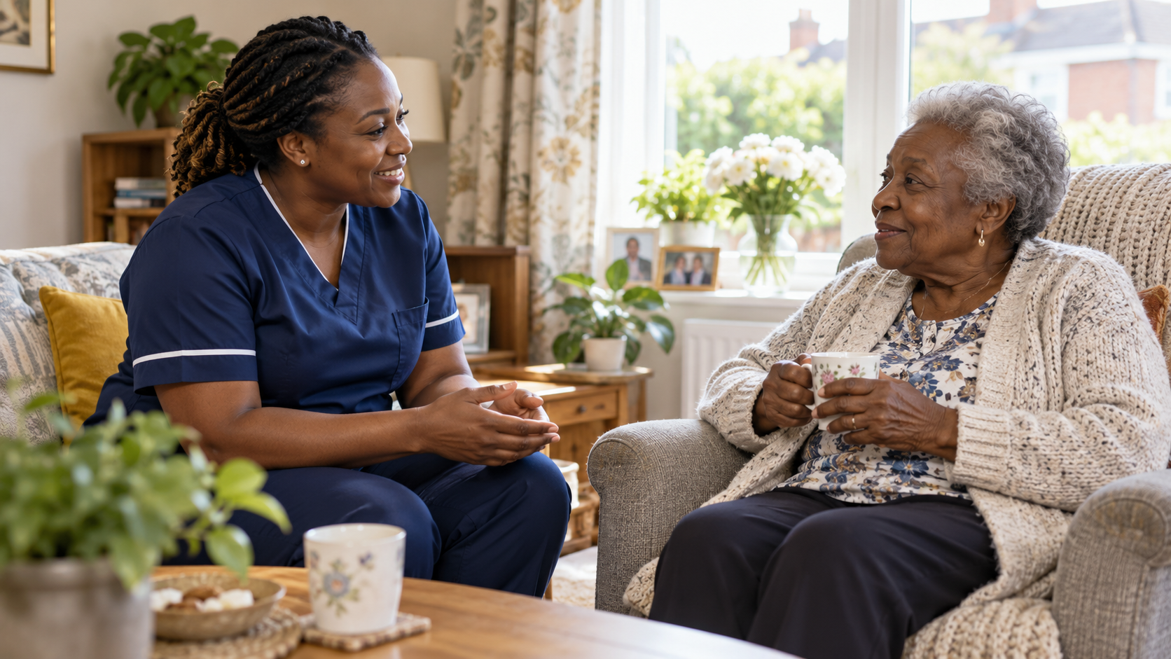 Illustration of a care worker talking with an older person at home